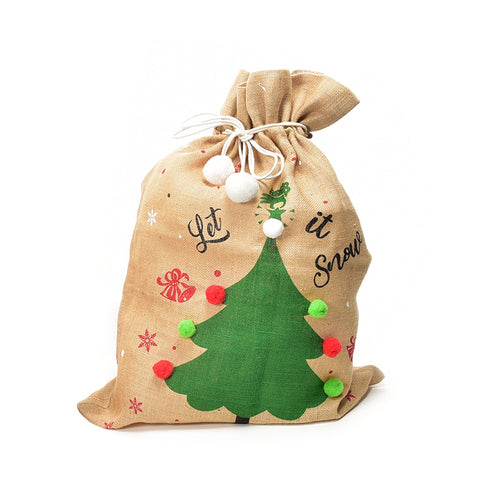 Sacco natalizio in juta con simboli e decorazioni natalizie