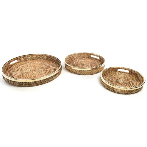 Vassoi in rattan con bordatura in ottone per decorazione ambienti set da 3