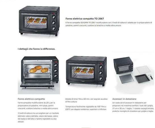 Severin TO 2067 Forno elettrico 20 L con Teglia e Griglia 1500 W Nero 44.5 x 38