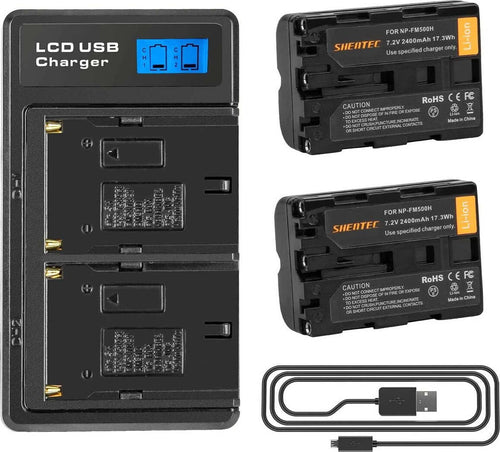 Shentec NP-FM500H con 2 batterie & Fast LCD Dual Charger COMPATIBILE camera A57 A58 A65 A77 A99 A500 A550 A560 A580 A700 A850 A900 SLT a99 II