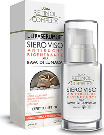 Siero-viso-antirughe-rigenerante-con-bava-di-lumaca-arricchito-con-acido-jaluronico-olio-di-mandorle-e-vitamina-e-ultra-retinol-complex