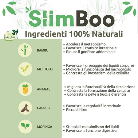 SlimBoo Anticellulite e Drenante con Bambù, Ananas, Melitolo, Moringa e Carrube 100% Naturale - 90 Compresse, Made in Italy