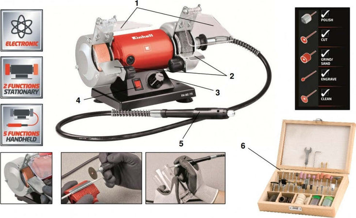 Smerigliatrice da banco con mini trapano e accessori 75mm  Einhell TH-XG 75 KIT Fai da te/Utensili elettrici e a mano/Utensili elettrici/Smerigliatrici/Smerigliatrici da banco Trade Shop italia - Napoli, Commerciovirtuoso.it