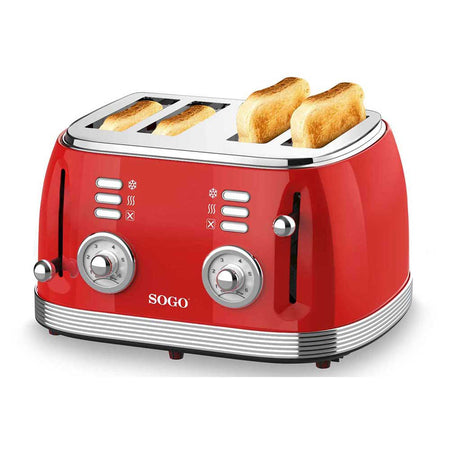 SOGO Tostapane 4 fette retrò / 1500W / 6 livelli di temperatura / scongelamento e riscaldamento /  rosso