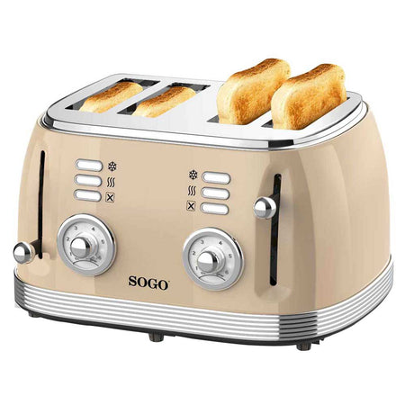 SOGO Tostapane 4 fette retrò / 1500W / 6 livelli di temperatura / scongelamento e riscaldamento /  beige