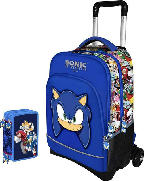 Sonic-Face-Faccia-Zaino-Trolley-Scuola-+-Astuccio-3-Zip-Completo
