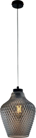 Sospensione-1-Luce-Maya-In-Ferro-Laccato-Nero-E-Vetro-Soffiato-Grigio-Specchiato
