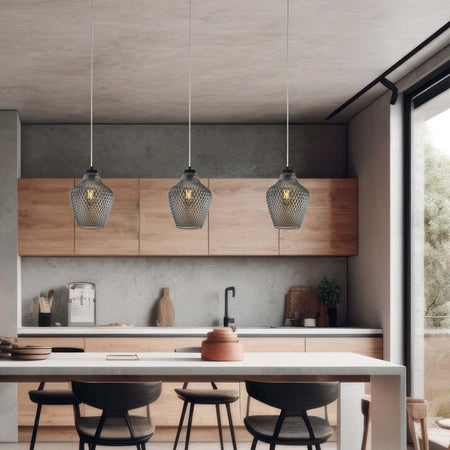 Sospensione-1-Luce-Maya-In-Ferro-Laccato-Nero-E-Vetro-Soffiato-Grigio-Specchiato