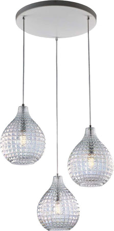 Sospensione-3-Luci-Diamante-In-Ferro-Bianco-E-Vetro-Soffiato-Trasparente