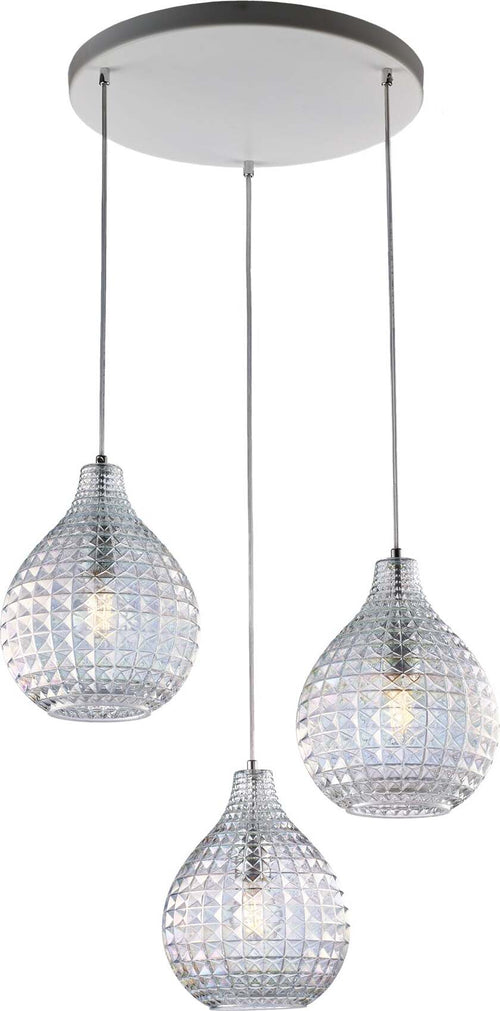 Sospensione-3-Luci-Diamante-In-Ferro-Bianco-E-Vetro-Soffiato-Trasparente