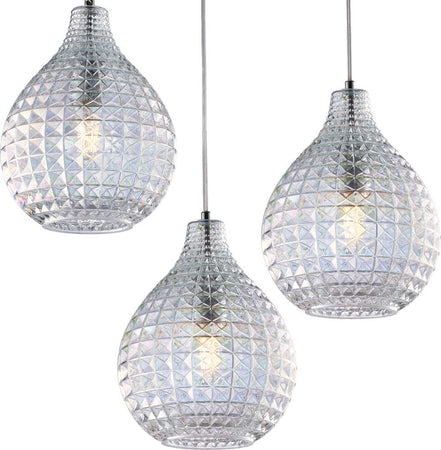 Sospensione-3-Luci-Diamante-In-Ferro-Bianco-E-Vetro-Soffiato-Trasparente