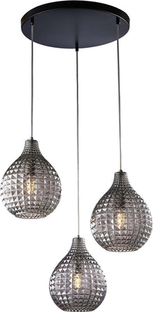 Sospensione-3-Luci-Diamante-In-Ferro-Nero-E-Vetro-Soffiato-Grigio-Specchiato