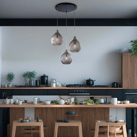 Sospensione-3-Luci-Diamante-In-Ferro-Nero-E-Vetro-Soffiato-Grigio-Specchiato