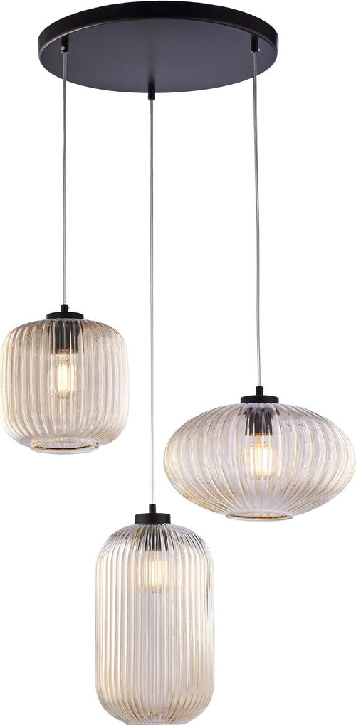 Sospensione-3-Luci-Glamour-Con-Binario-E-Vetro-Soffiato-Ambra-Plissettato