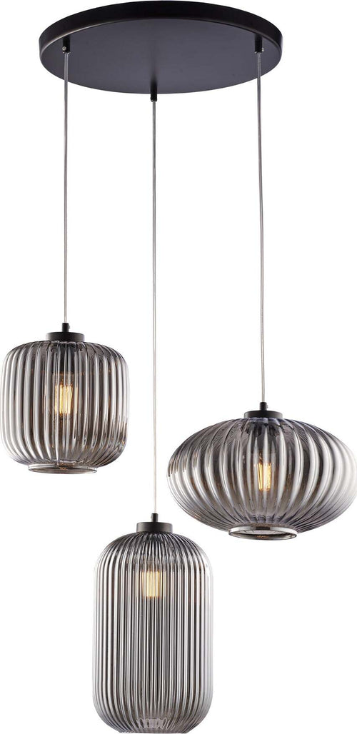 Sospensione-3-Luci-Glamour-Vetro-Soffiato-Grigio-Specchiato-Plissettato