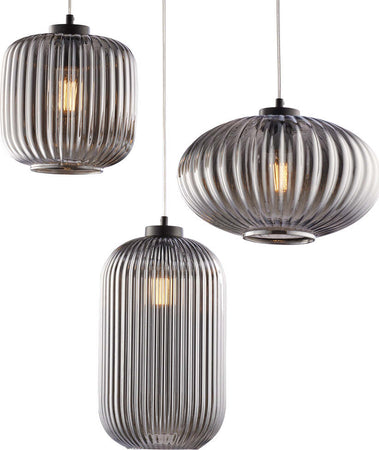 Sospensione-3-Luci-Glamour-Vetro-Soffiato-Grigio-Specchiato-Plissettato