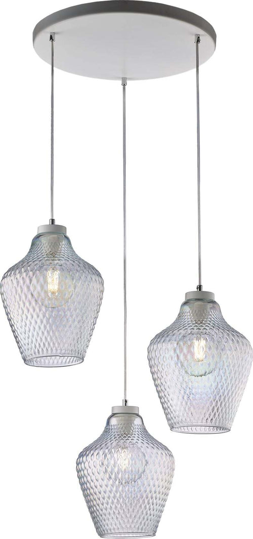 Sospensione-3-Luci-Maya-Ferro-Laccato-Bianco-Vetro-Soffiato-Trasparente-Iridato