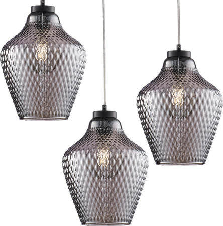 Sospensione-3-Luci-Maya-In-Ferro-Laccato-Nero-E-Vetro-Soffiato-Grigio-Specchiato