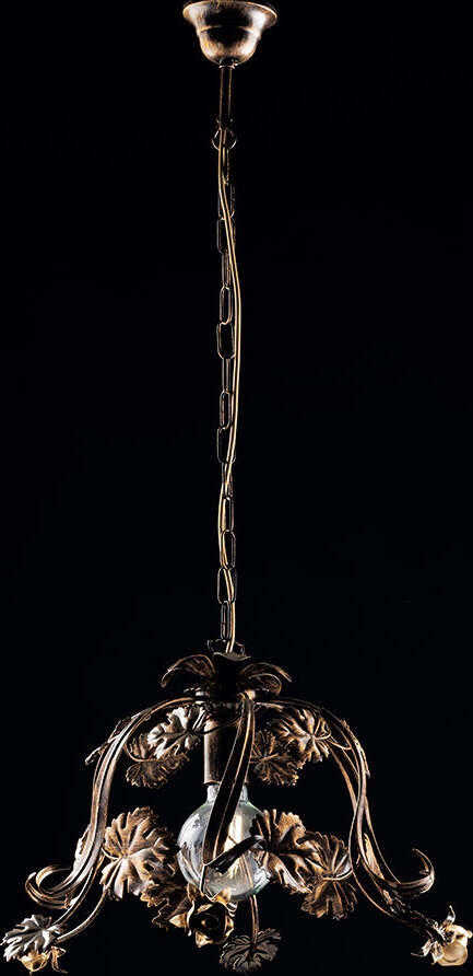 Sospensione-Arte-Povera-1-Luce-con-Foglie-in-Ferro-Marrone-e-Oro-Serie-Iris