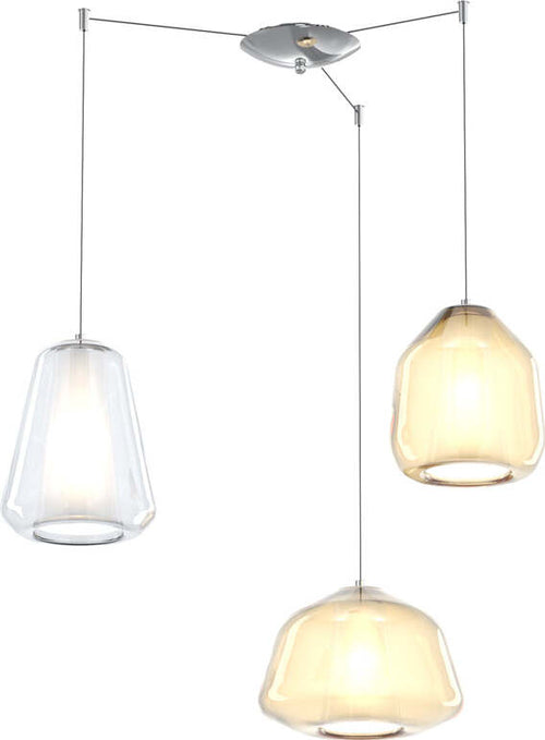 Sospensione-Contemp.-Double-Skin-Metallo-Cromo-Vetro-Mix-Trasp-Ambra-3-Luci-E27