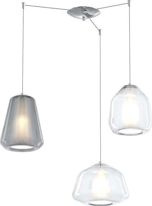 Sospensione-Contemp.-Double-Skin-Metallo-Cromo-Vetro-Mix-Trasp.-Fumè-3-Luci-E27