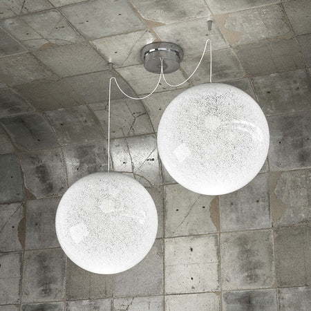 Sospensione-Contemp-Glitter-Metallo-Cromo-Vetro-Soffiato-Trasp-2-Luci-E27-30Cm