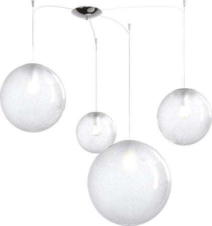 Sospensione-Contemp-Glitter-Metallo-Cromo-Vetro-Soffiato-Trasp-4-Luci-E27-Mix