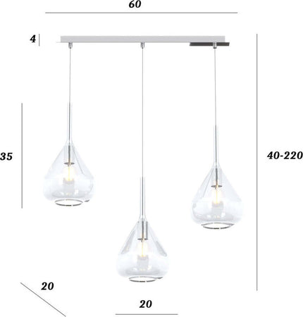 Sospensione-Contemp-Rett-Kona-Metallo-Cromo-Vetro-Trasparente-3-Luci-E27
