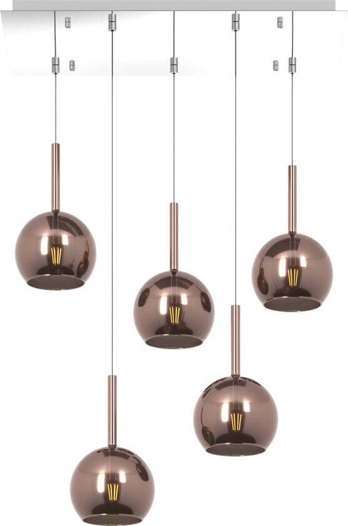 Sospensione-Contemp.-Rosone-Rett.-Future-Metallo-Cromo-Vetro-Rame-5-Luci-E27