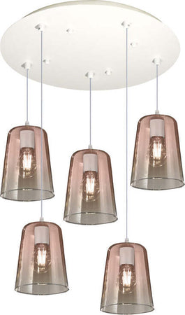 Sospensione-Contemp.-Rosone-Tondo-Shaded-Metallo-Bianco-Vetro-Rame-5-Luci-E27