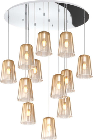 Sospensione-Contemp.-Rosone-Tondo-Shaded-Metallo-Cromo-Vetro-Ambra-12-Luci-E27