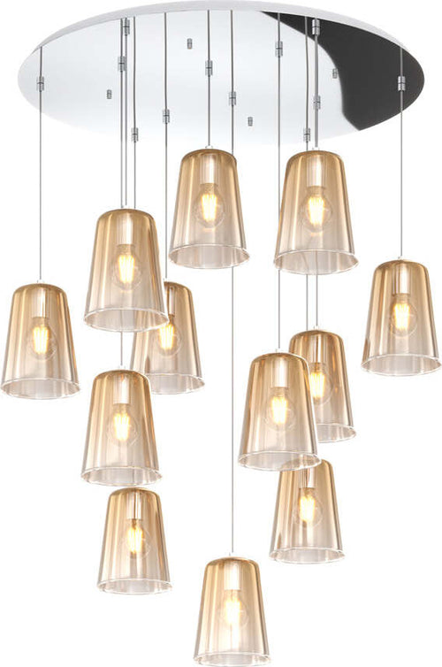 Sospensione-Contemp.-Rosone-Tondo-Shaded-Metallo-Cromo-Vetro-Ambra-12-Luci-E27