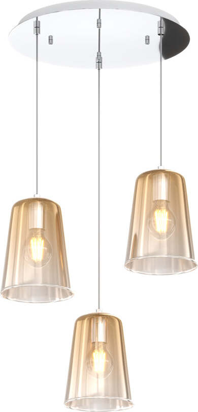 Sospensione-Contemp.-Rosone-Tondo-Shaded-Metallo-Cromo-Vetro-Ambra-3-Luci-E27