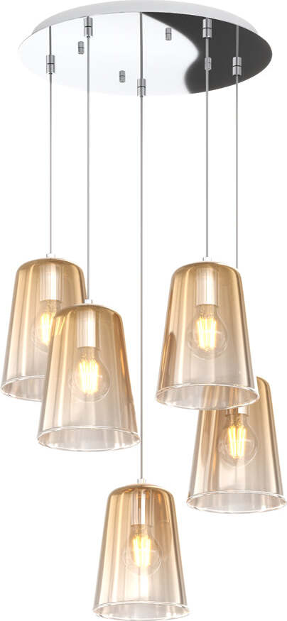 Sospensione-Contemp.-Rosone-Tondo-Shaded-Metallo-Cromo-Vetro-Ambra-5-Luci-E27
