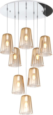 Sospensione-Contemp.-Rosone-Tondo-Shaded-Metallo-Cromo-Vetro-Ambra-8-Luci-E27
