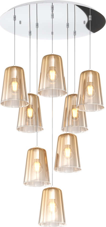 Sospensione-Contemp.-Rosone-Tondo-Shaded-Metallo-Cromo-Vetro-Ambra-8-Luci-E27
