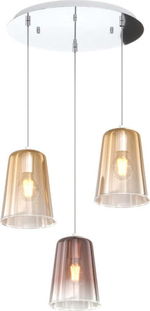 Sospensione-Contemp.-Rosone-Tondo-Shaded-Metallo-Cromo-Vetro-Ambra-E-Rame-3-Luci