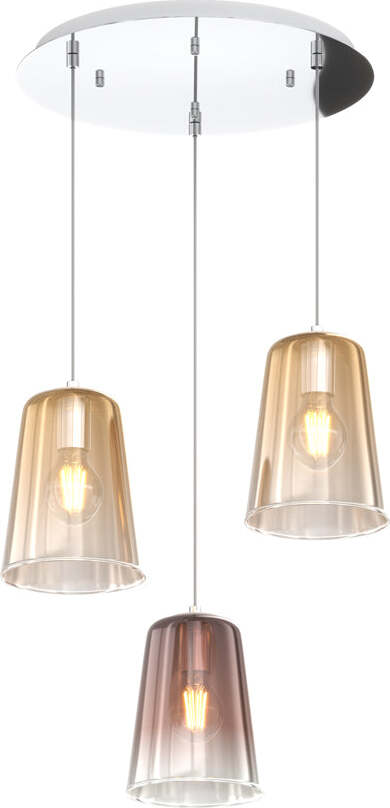 Sospensione-Contemp.-Rosone-Tondo-Shaded-Metallo-Cromo-Vetro-Ambra-E-Rame-3-Luci