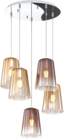 Sospensione-Contemp.-Rosone-Tondo-Shaded-Metallo-Cromo-Vetro-Ambra-E-Rame-5-Luci