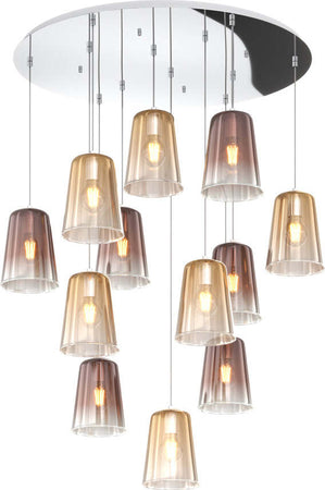 Sospensione-Contemp.-Rosone-Tondo-Shaded-Metallo-Cromo-Vetro-Ambra-Rame-12-Luci