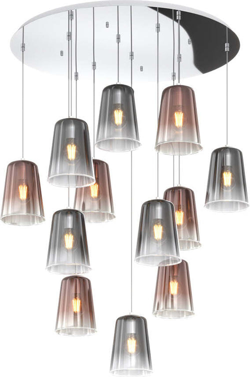 Sospensione-Contemp.-Rosone-Tondo-Shaded-Metallo-Cromo-Vetro-Rame-Cromo-12-Luci