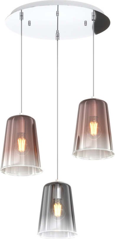 Sospensione-Contemp.-Rosone-Tondo-Shaded-Metallo-Cromo-Vetro-Rame-E-Cromo-3-Luci