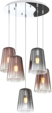 Sospensione-Contemp.-Rosone-Tondo-Shaded-Metallo-Cromo-Vetro-Rame-E-Cromo-5-Luci