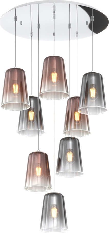 Sospensione-Contemp.-Rosone-Tondo-Shaded-Metallo-Cromo-Vetro-Rame-E-Cromo-8-Luci