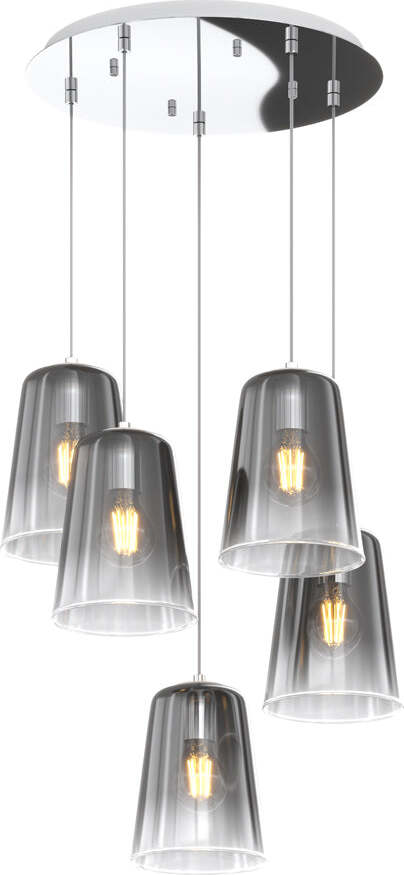 Sospensione-Contemp.-Rosone-Tondo-Shaded-Metallo-E-Vetro-Cromo-5-Luci-E27