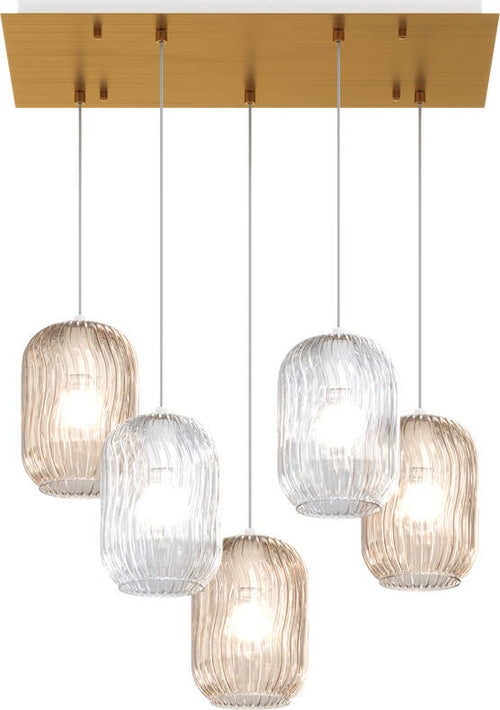 Sospensione-Contemp-Tender-Metallo-Ottone-Sat-Vetro-Trasparente-Ambra-5-Luci-E27