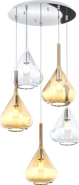 Sospensione-Contemp-Tonda-Kona-Metallo-Cromo-Vetro-Trasparente-Ambra-5-Luci-E27