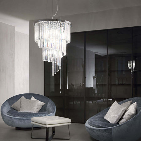Sospensione-Contemporanea-Carlton-Metallo-Cristallo-Cromo-12-Luci-E14