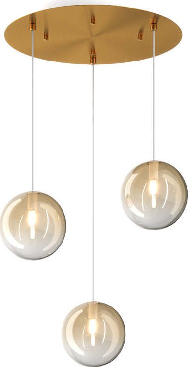 Sospensione-Contemporanea-Eclipse-Metallo-Ottone-Satinato-Vetro-Ambra-3-Luci-G9