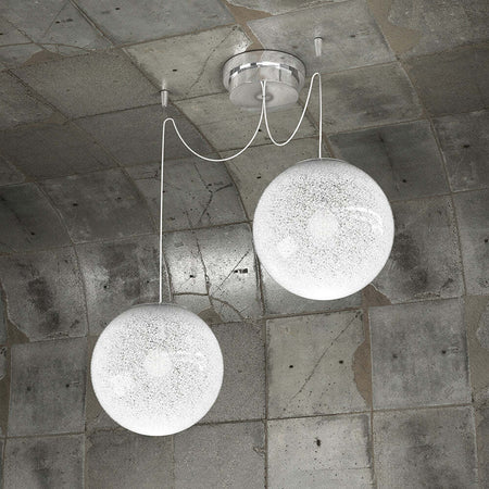 Sospensione-Contemporanea-Glitter-Metallo-Cromo-Vetro-Soffiato-Trasp-2-Luci-E14